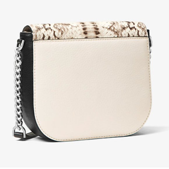 MICHAEL KORS Mott Snake-Embossed Leather Crossbody Cream & Black, Silver Chain - Picture 13 of 15